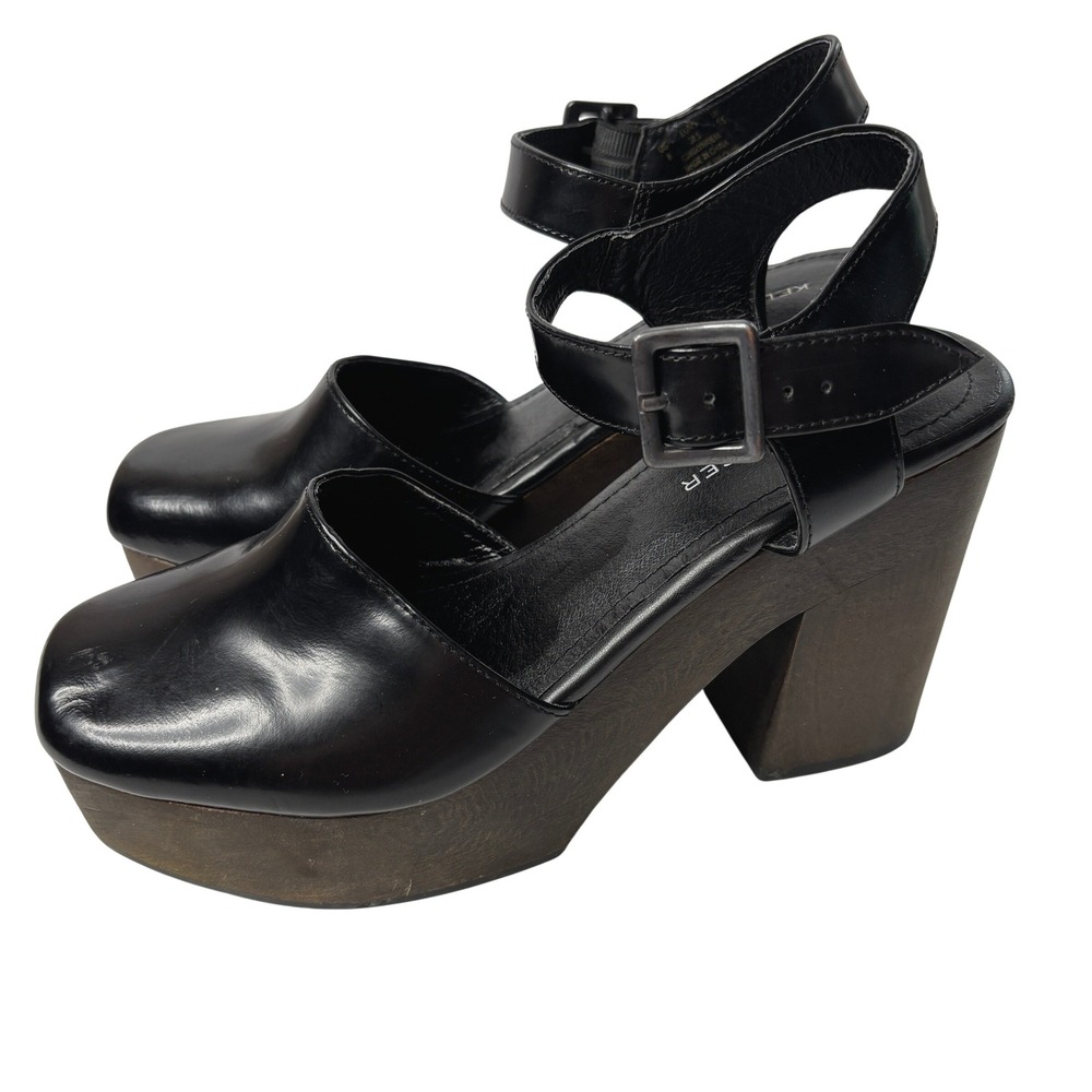 Kelsi Dagger Brooklyn Kendall Platform‎ Heel Black Leather & Wood Sz 8 Shoes